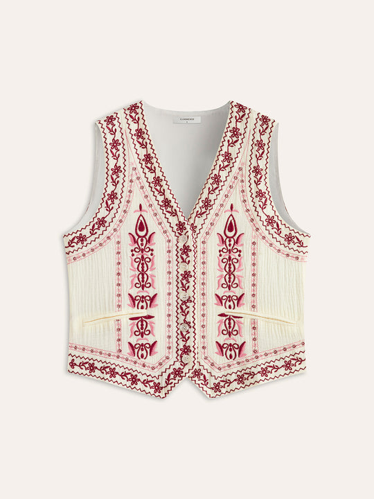 Boho Nakışlı Kolsuz Yelek Kırmızı Kemerli - SvelteChic Kadın Giyim