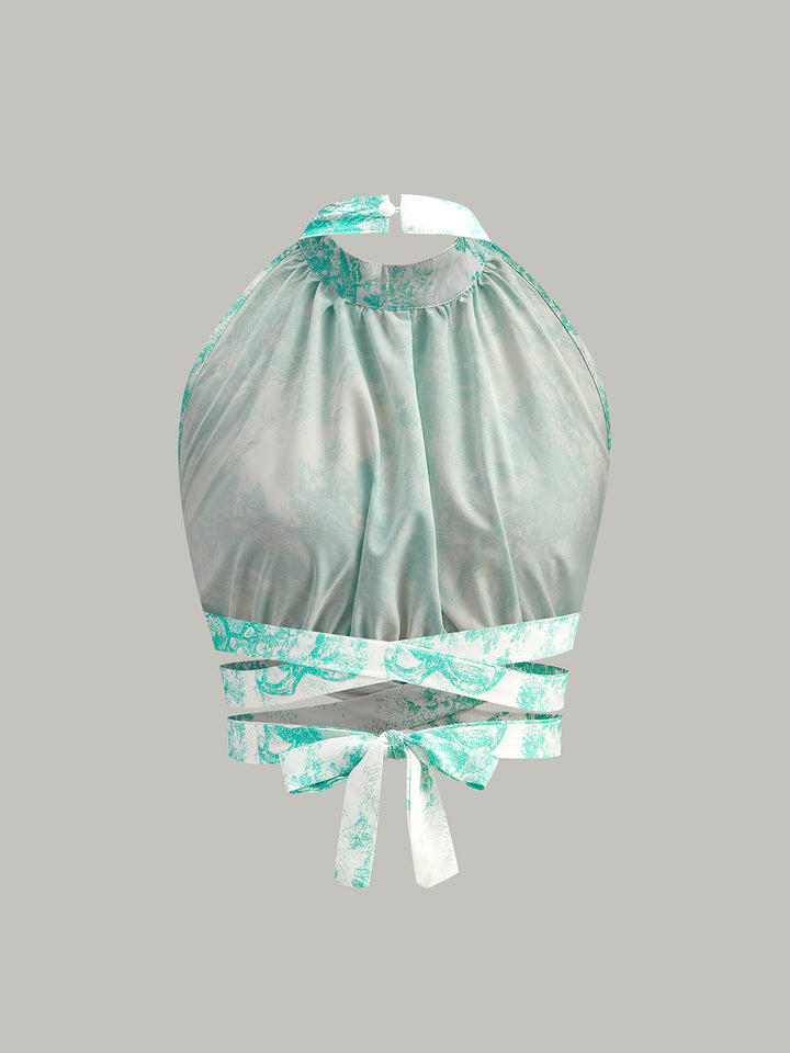 Halter Yaka Sırt Dekolteli Düğmeli Etek Takımı Yeşil