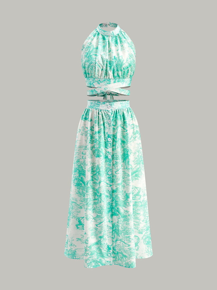 Halter Yaka Sırt Dekolteli Düğmeli Etek Takımı Yeşil