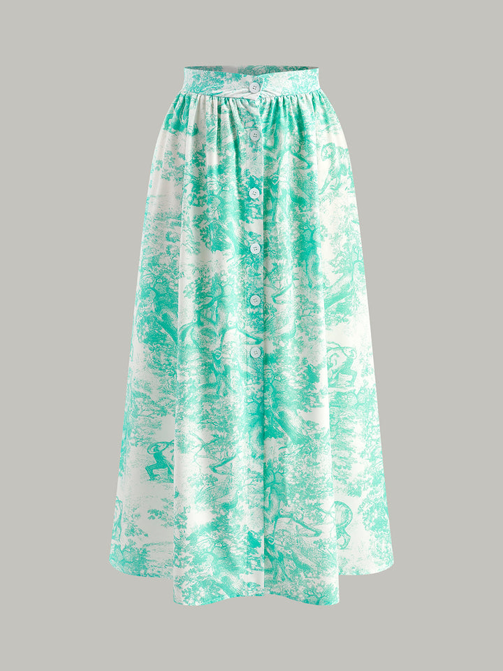 Halter Yaka Sırt Dekolteli Düğmeli Etek Takımı Yeşil