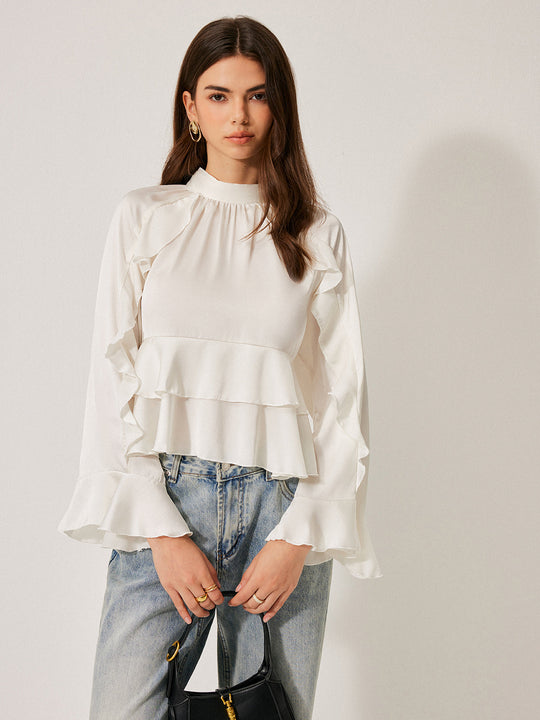 Volanlı Peplum Bluz Stand Yaka Düğme Detaylı Beyaz - SvelteChic Kadın Giyim