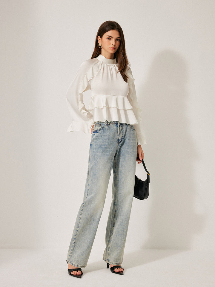 Volanlı Peplum Bluz Stand Yaka Düğme Detaylı Beyaz Görsel 6 - SvelteChic