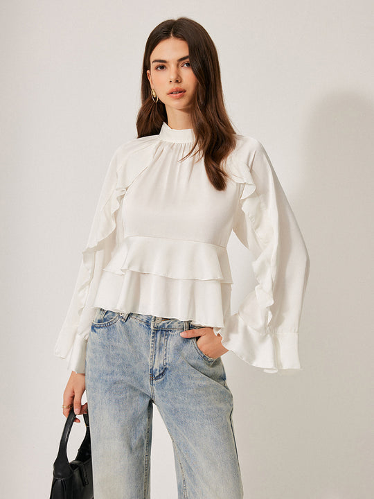 Volanlı Peplum Bluz Stand Yaka Düğme Detaylı Beyaz Detay Görünüm - SvelteChic