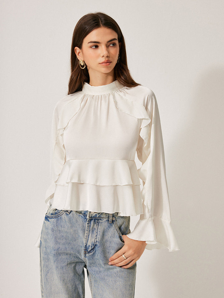 Volanlı Peplum Bluz Stand Yaka Düğme Detaylı Beyaz Görsel 4 - SvelteChic