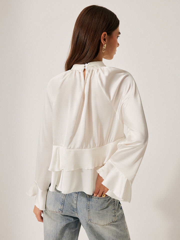 Volanlı Peplum Bluz Stand Yaka Düğme Detaylı Beyaz Görsel 5 - SvelteChic