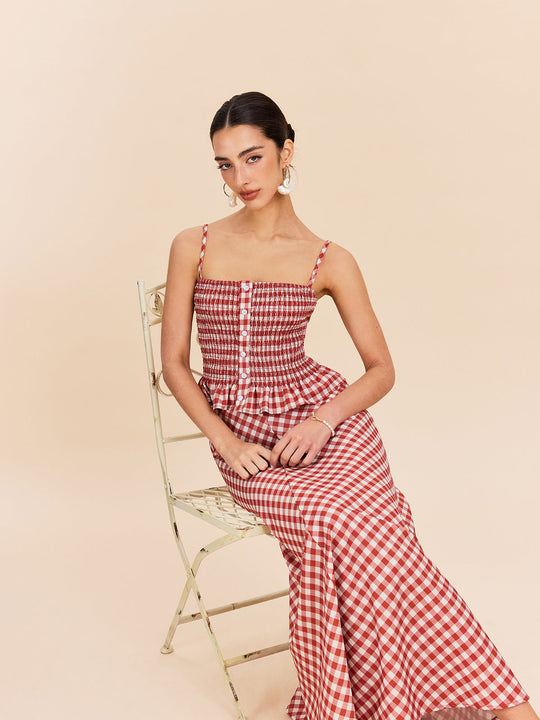 Şık Gingham Büzgülü Peplum Askılı Bluz Kırmızı - SvelteChic Kadın Giyim