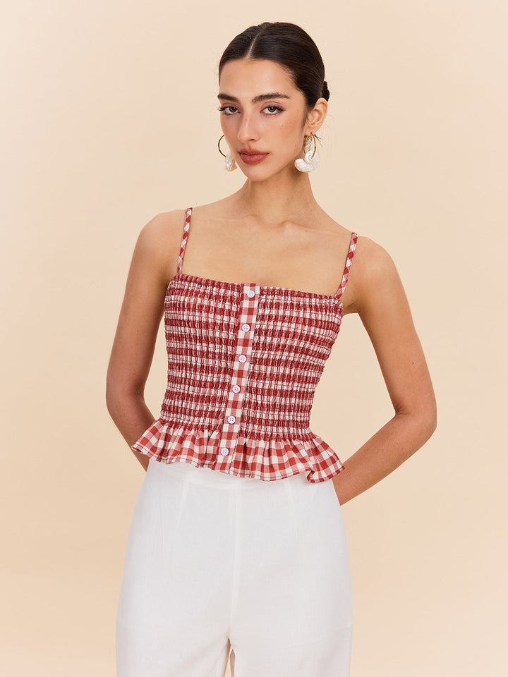 Şık Gingham Büzgülü Peplum Askılı Bluz Kırmızı Görsel 4 - SvelteChic