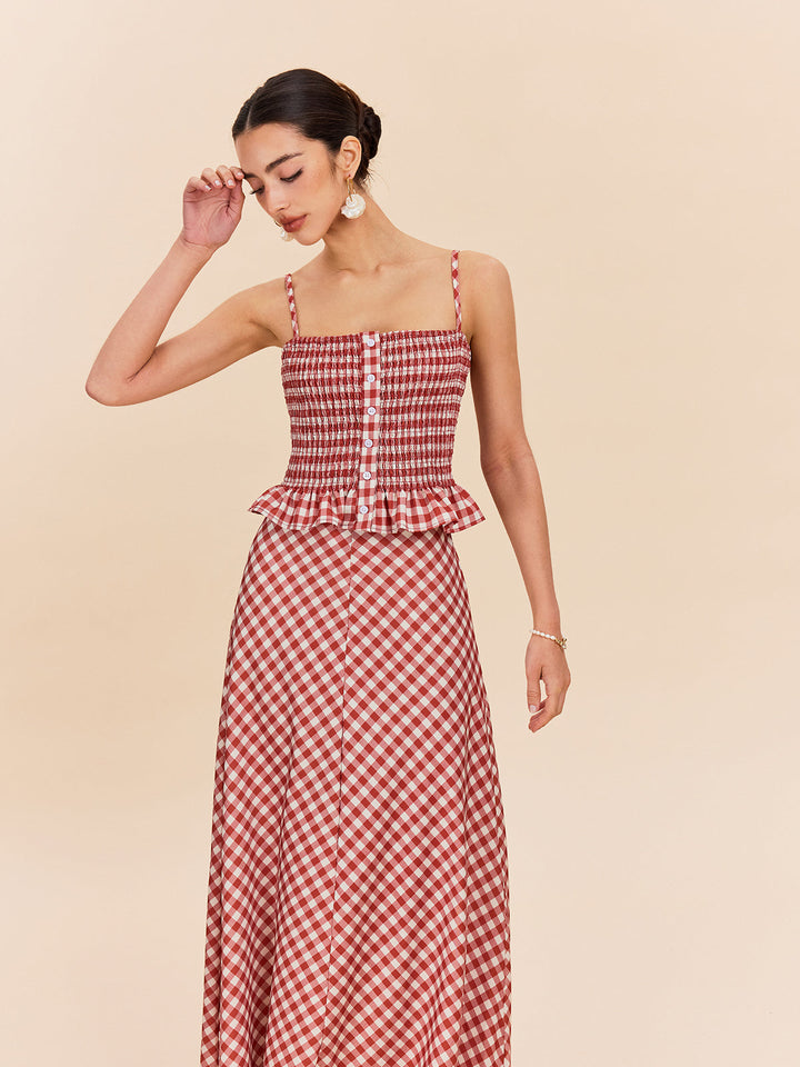 Şık Gingham Büzgülü Peplum Askılı Bluz Kırmızı Kombin - SvelteChic