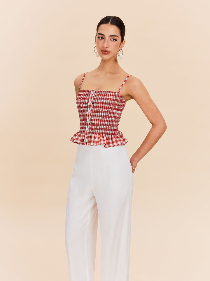Şık Gingham Büzgülü Peplum Askılı Bluz Kırmızı Görsel 5 - SvelteChic