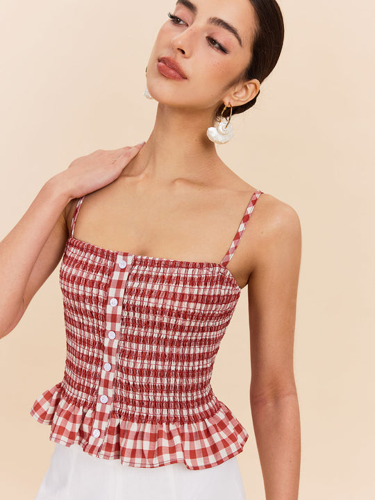 Şık Gingham Büzgülü Peplum Askılı Bluz Kırmızı Detay Görünüm - SvelteChic