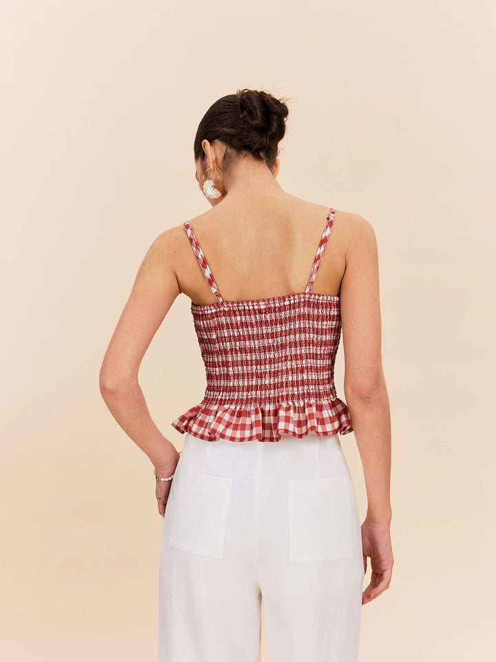 Şık Gingham Büzgülü Peplum Askılı Bluz Kırmızı Görsel 6 - SvelteChic
