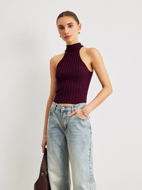 Soğuk Omuz Yüksek Yaka Triko Üst Bordo Slim Fit - SvelteChic Kadın Giyim