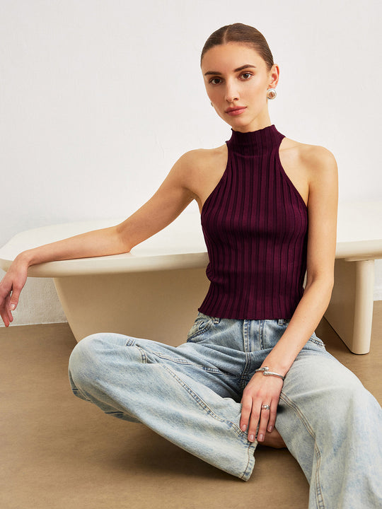Soğuk Omuz Yüksek Yaka Triko Üst Bordo Slim Fit Detay Görünüm - SvelteChic