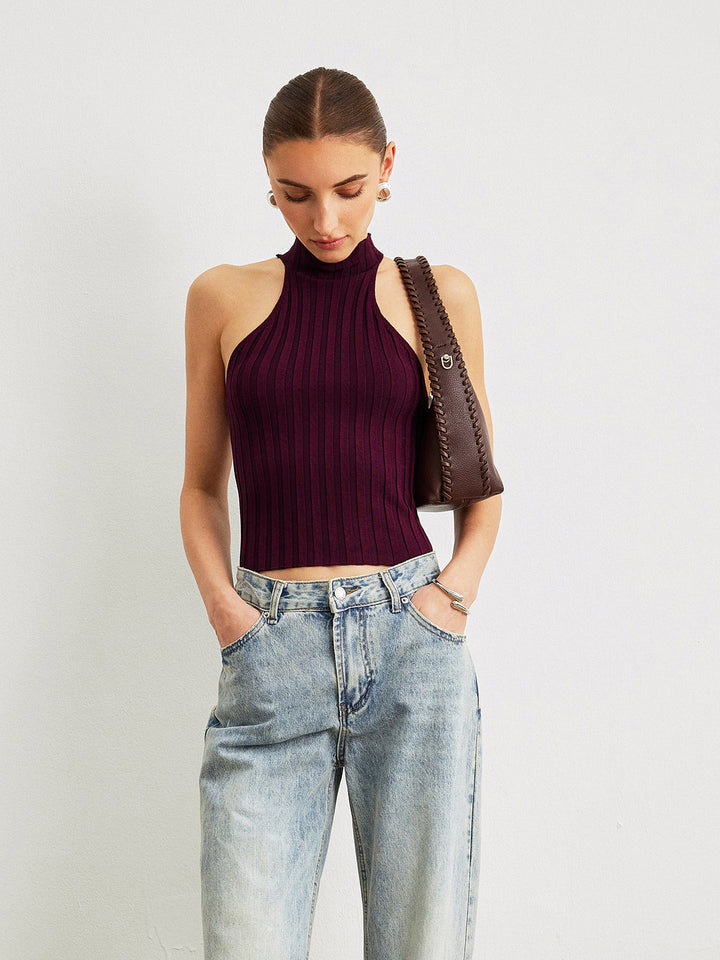 Soğuk Omuz Yüksek Yaka Triko Üst Bordo Slim Fit Kombin - SvelteChic
