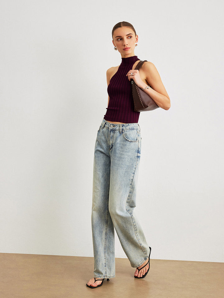 Soğuk Omuz Yüksek Yaka Triko Üst Bordo Slim Fit Görsel 4 - SvelteChic