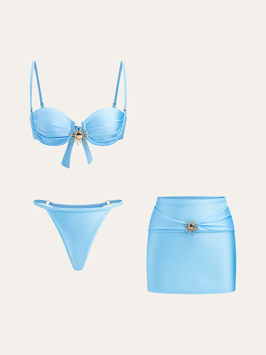 Charm Soleil Bikini Takımı Metal Detaylı Pareo Etek Açık Mavi - SvelteChic Kadın Giyim