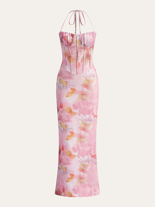 Çiçekli Halter Abiye Elbise Pembe Kalp Yaka - SvelteChic Kadın Giyim