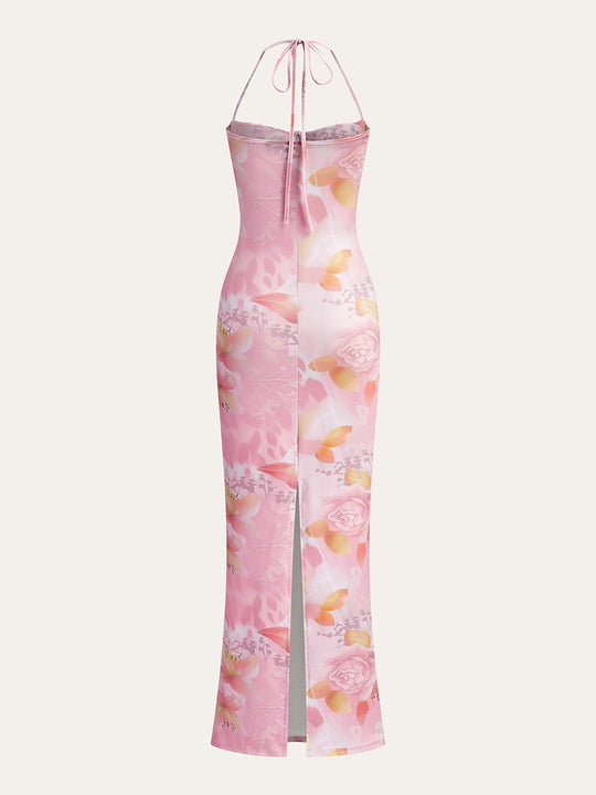 Çiçekli Halter Abiye Elbise Pembe Kalp Yaka Detay Görünüm - SvelteChic