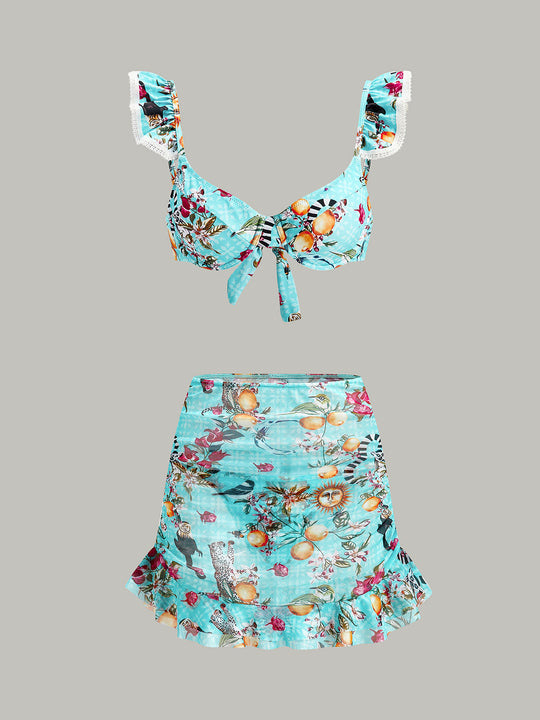 Çiçekli Bikini Takımı Etek Açık Mavi 3 Parça - SvelteChic Kadın Giyim