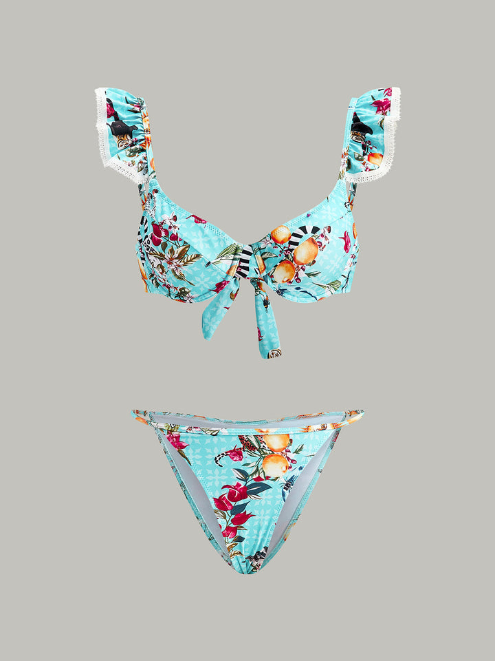Çiçekli Bikini Takımı Etek Açık Mavi 3 Parça Kombin - SvelteChic