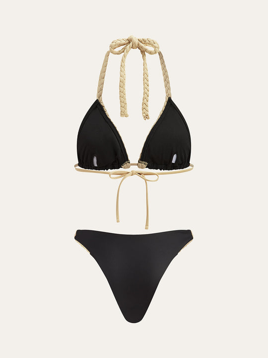 Örgülü Askılı Bikini Takımı Siyah Kontrast Biyeli Detay Görünüm - SvelteChic