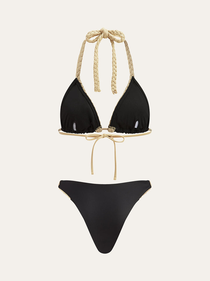 Örgülü Askılı Bikini Takımı Siyah Kontrast Biyeli Detay Görünüm - SvelteChic