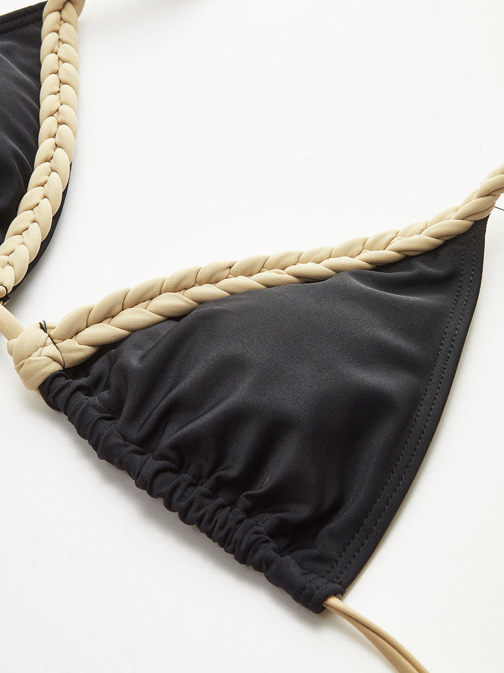 Örgülü Askılı Bikini Takımı Siyah Kontrast Biyeli Kombin - SvelteChic