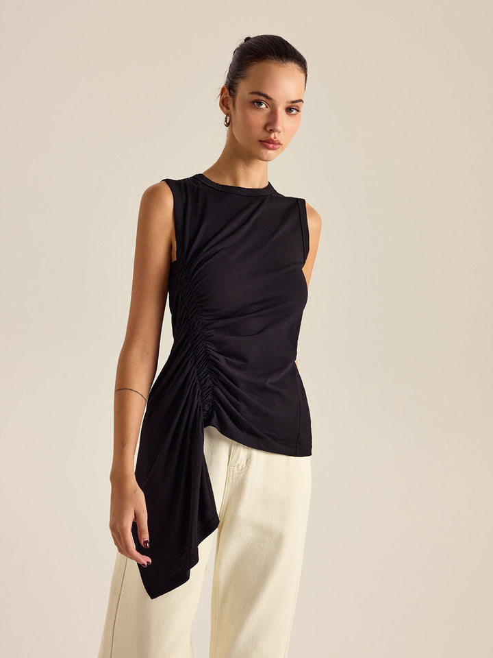 Asimetrik Pileli Kolsuz Atlet Siyah Slim Fit Görsel 4 - SvelteChic