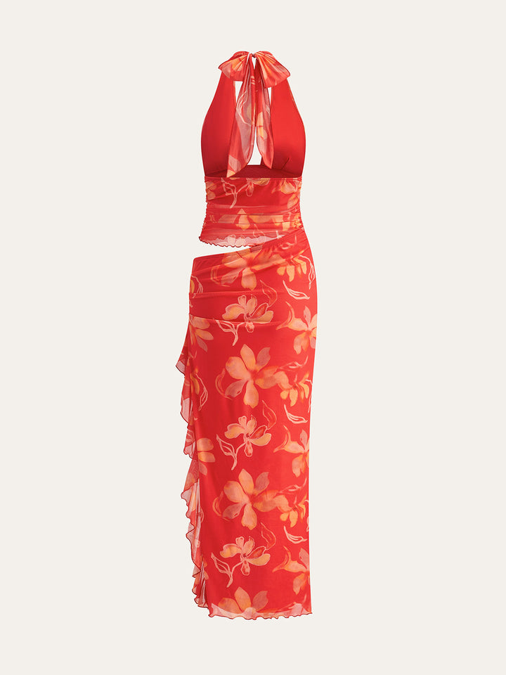 Yarım Şeffaf Çiçekli Halter Maxi Elbise Kırmızı Detay Görünüm - SvelteChic