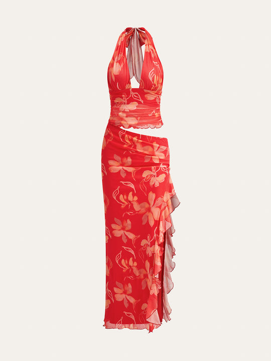 Yarım Şeffaf Çiçekli Halter Maxi Elbise Kırmızı - SvelteChic Kadın Giyim