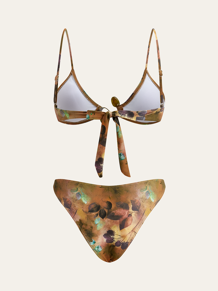 Çiçek Baskılı Bikini Takımı Kahverengi Yeşil Detay Görünüm - SvelteChic