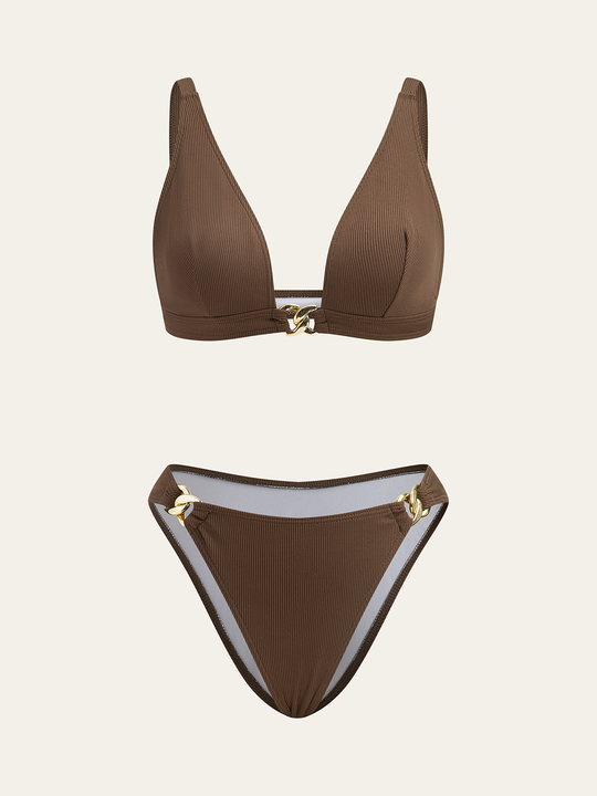 Metal Detaylı Bikini Takımı Kahverengi Örgü Desenli - SvelteChic Kadın Giyim