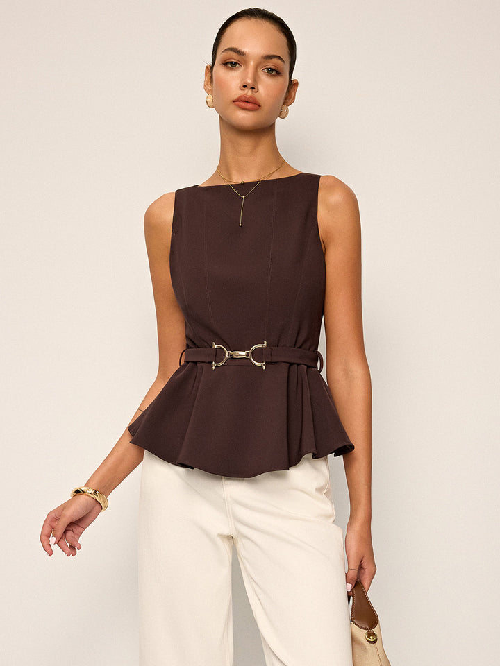 Metal Tokalı Kemerli Peplum Üst Kolsuz Kahverengi Görsel 6 - SvelteChic