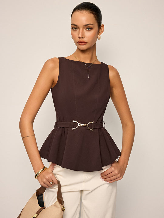 Metal Tokalı Kemerli Peplum Üst Kolsuz Kahverengi - SvelteChic Kadın Giyim
