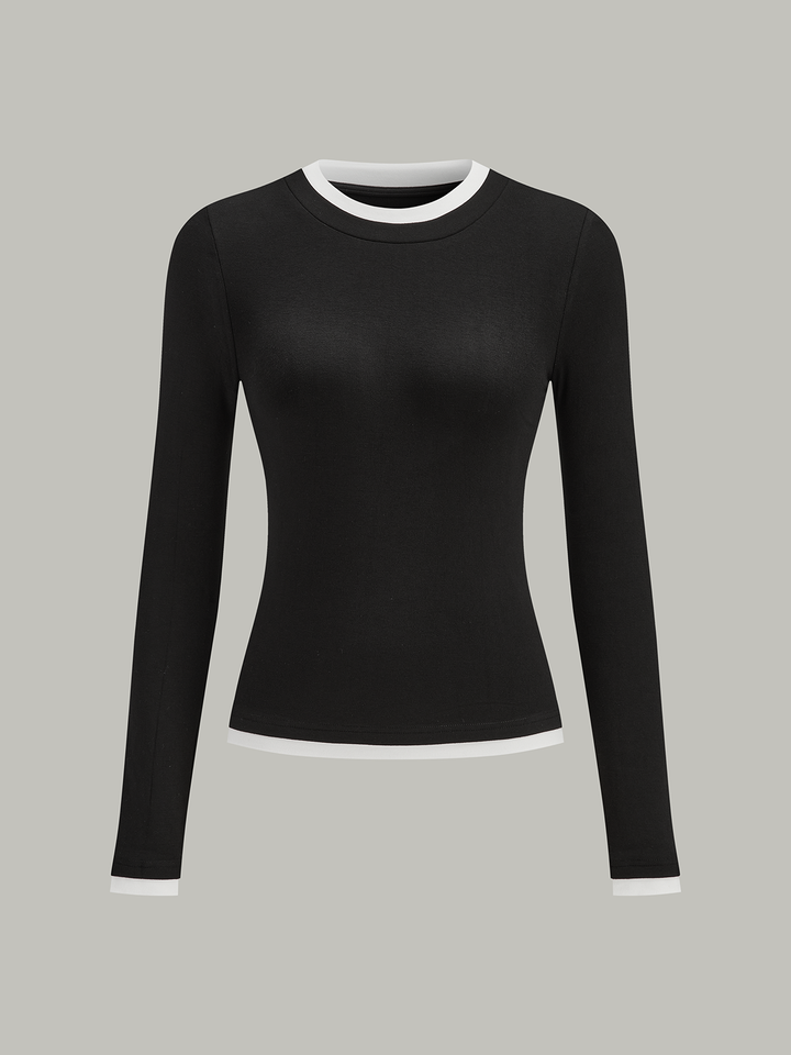 Kontrast Dikiş Uzun Kollu Tişört Siyah Slim Fit Görsel 6 - SvelteChic
