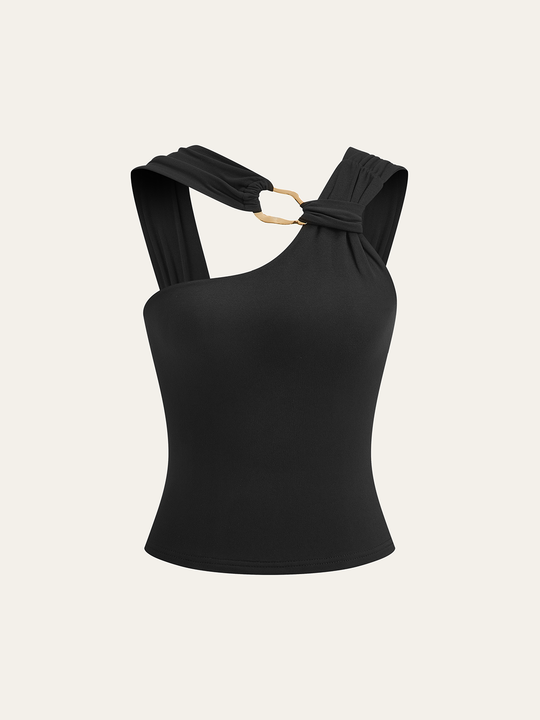 Asimetrik Askı Metal Detaylı Kolsuz Bluz Siyah Slim Fit - SvelteChic Kadın Giyim