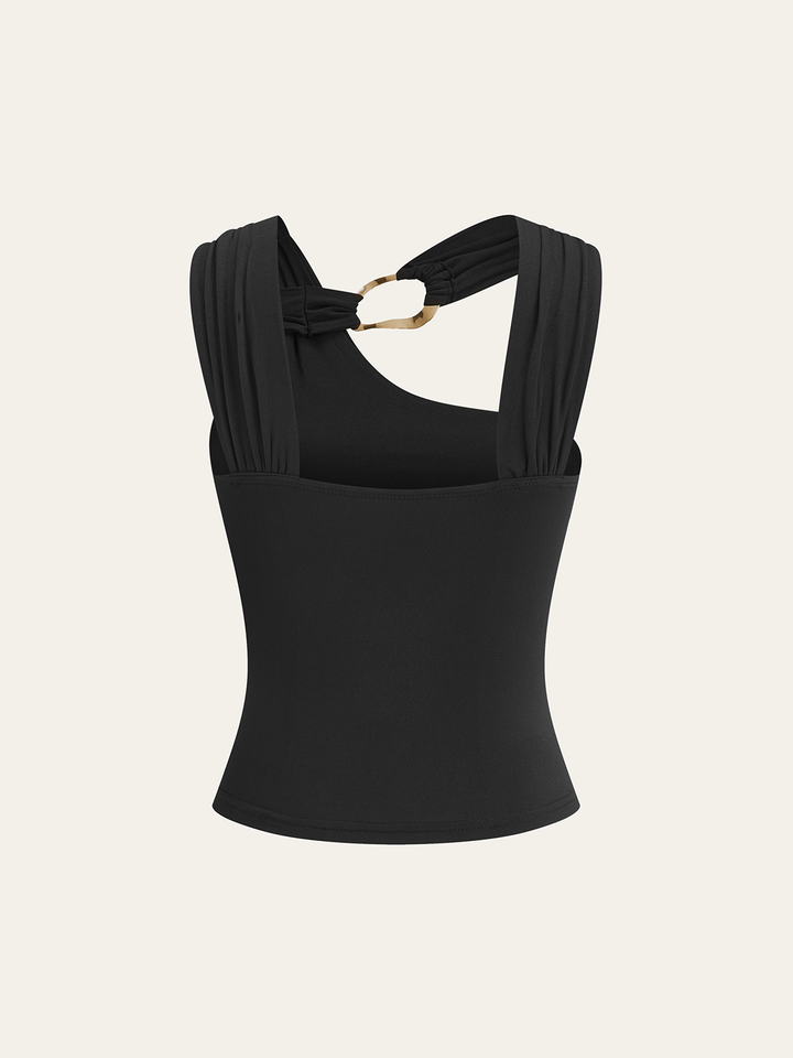 Asimetrik Askı Metal Detaylı Kolsuz Bluz Siyah Slim Fit Detay Görünüm - SvelteChic