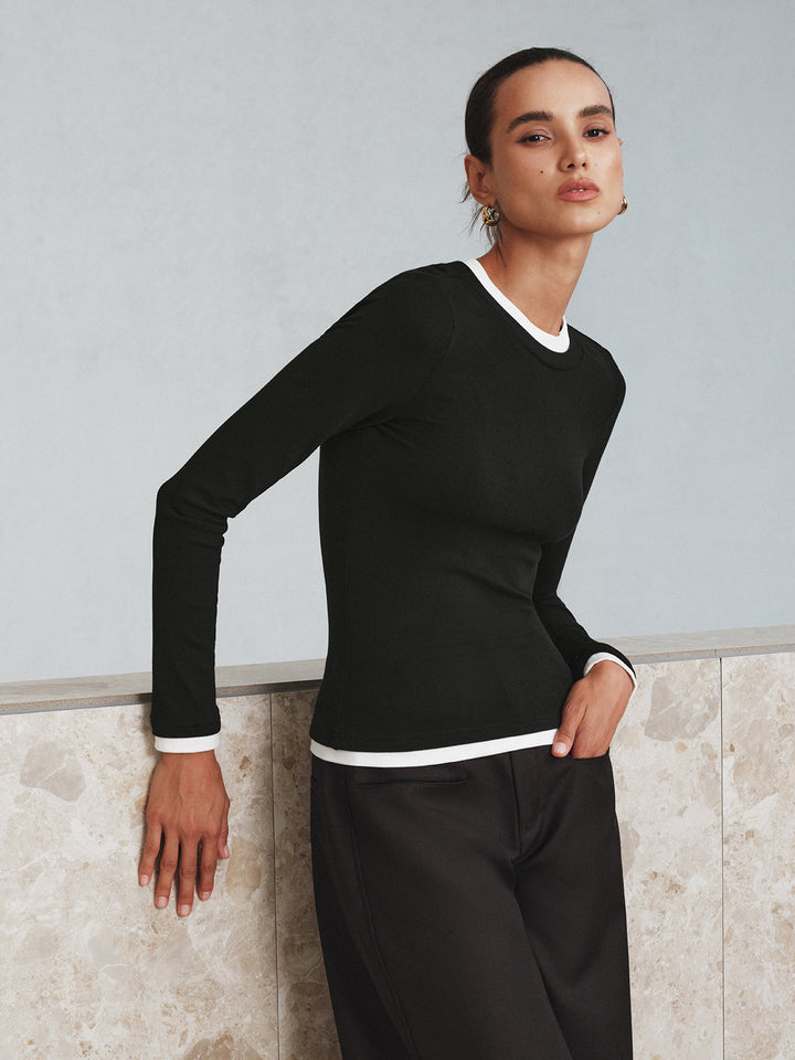 Kontrast Dikiş Uzun Kollu Tişört Siyah Slim Fit Görsel 4 - SvelteChic