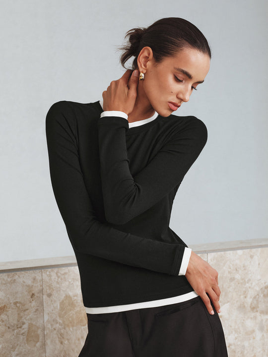 Kontrast Dikiş Uzun Kollu Tişört Siyah Slim Fit Detay Görünüm - SvelteChic