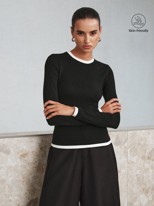 Kontrast Dikiş Uzun Kollu Tişört Siyah Slim Fit - SvelteChic Kadın Giyim
