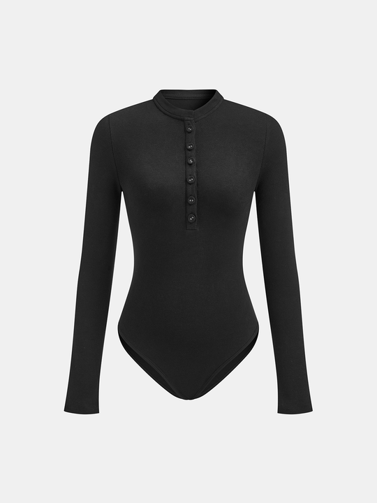 Nakışlı Uzun Kollu Bodysuit Siyah Ribanalı Detay Görünüm - SvelteChic