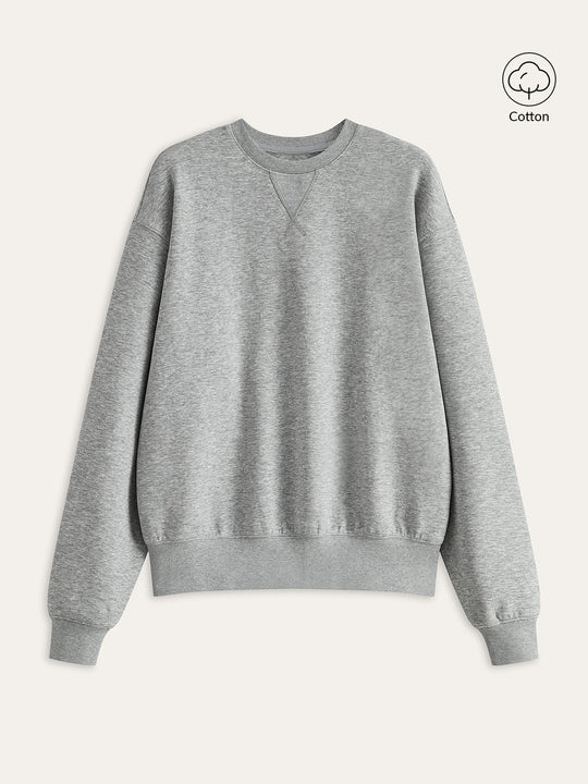 Pamuk Karışımlı Yuvarlak Yaka Sweatshirt Açık Gri Uzun Kollu Detay Görünüm - SvelteChic