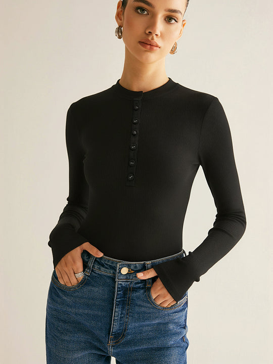 Nakışlı Uzun Kollu Bodysuit Siyah Ribanalı - SvelteChic Kadın Giyim
