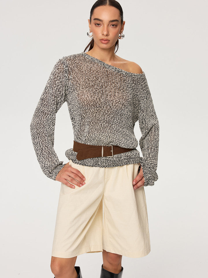 Omuz Dekolteli Bel Bantlı Triko Kazak Gri Uzun Kollu Kombin - SvelteChic