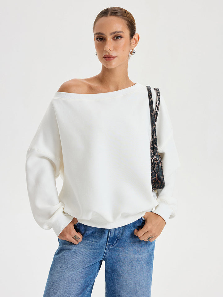 Omuzdan Açık Salaş Sweatshirt Beyaz Uzun Kol Kombin - SvelteChic