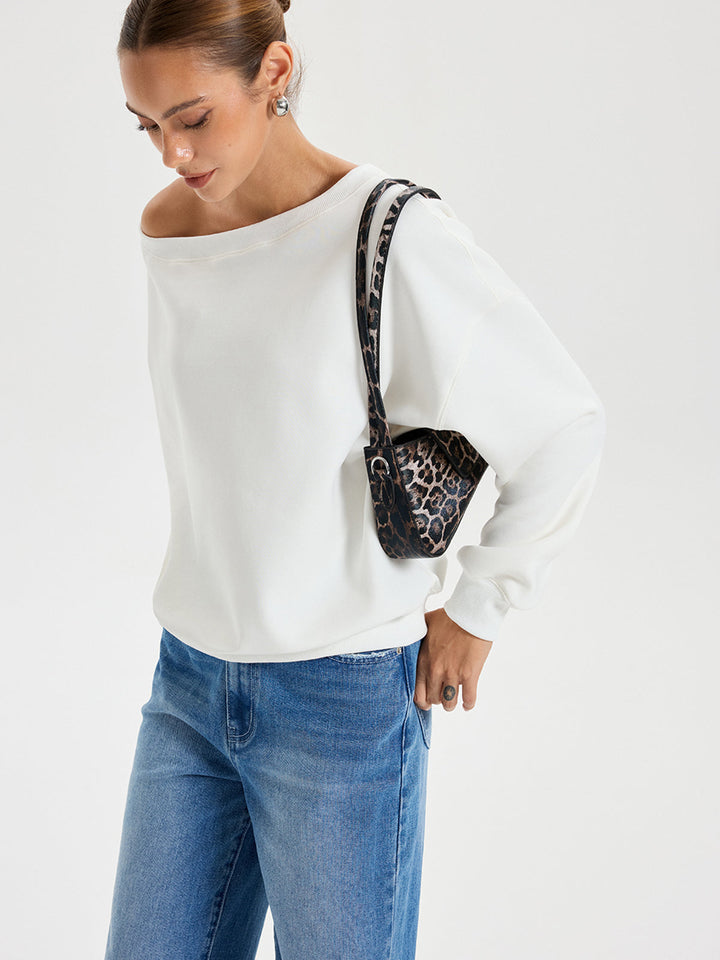 Omuzdan Açık Salaş Sweatshirt Beyaz Uzun Kol Görsel 4 - SvelteChic