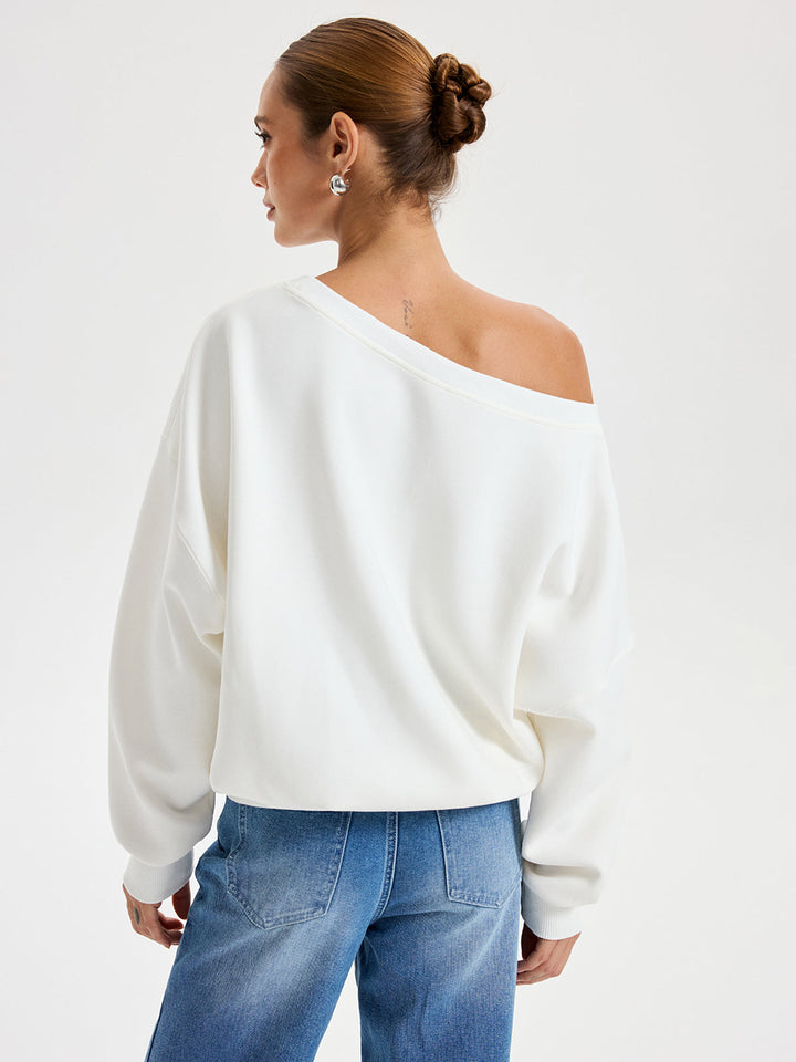 Omuzdan Açık Salaş Sweatshirt Beyaz Uzun Kol Görsel 6 - SvelteChic