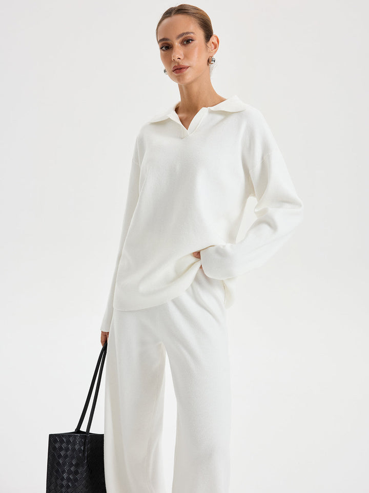 Oversized Polo Triko Takım Seti Beyaz Düz Kesim Detay Görünüm - SvelteChic