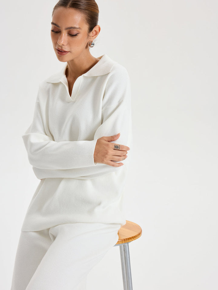 Oversized Polo Triko Takım Seti Beyaz Düz Kesim Görsel 5 - SvelteChic