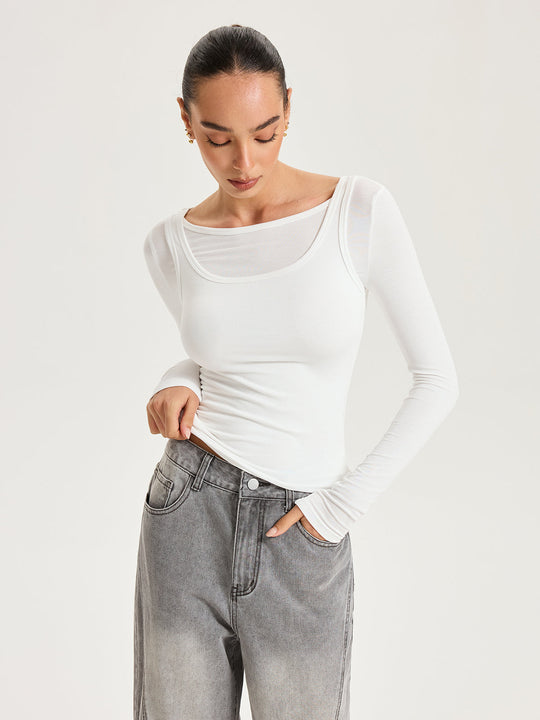 2'li Uzun Kollu Modal Tişört Beyaz Slim Fit - SvelteChic Kadın Giyim